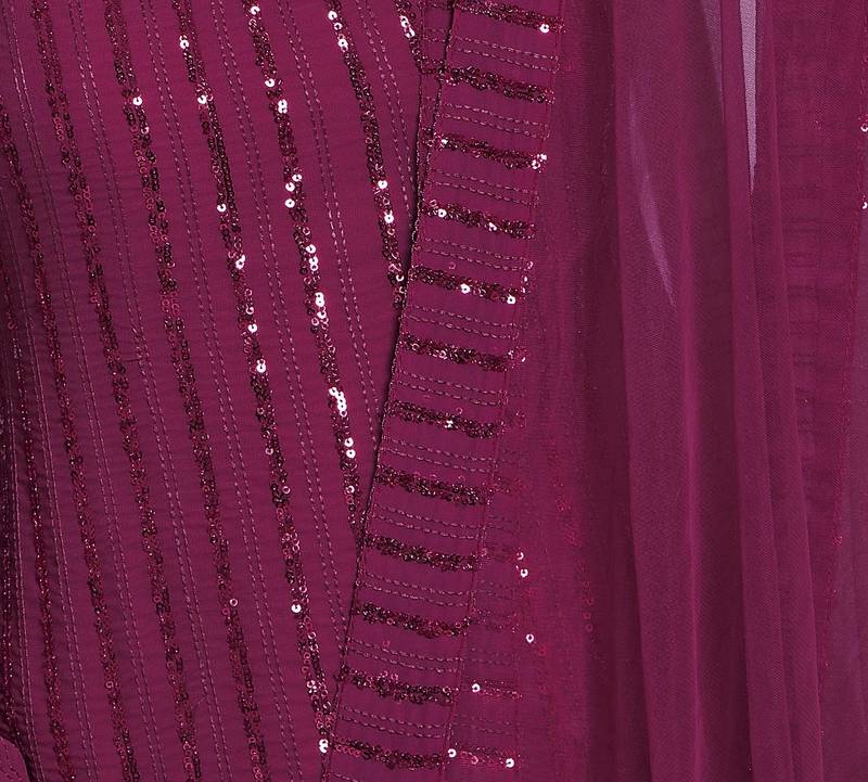 Wine Faux Georgette Sequin Embroidered Semi-Stitched Kameez, Sharara and Dupatta Set