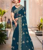 Teal embroidered silk saree with blouse