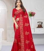 Red embroidered silk saree with blouse