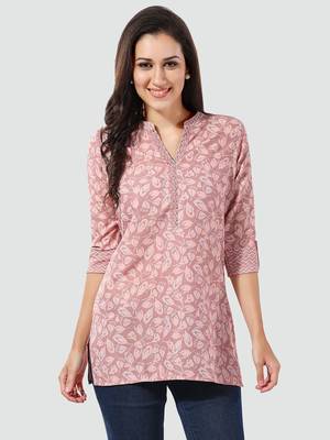 Peach printed rayon short-kurtis 1