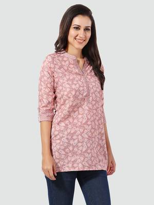 Peach printed rayon short-kurtis 2