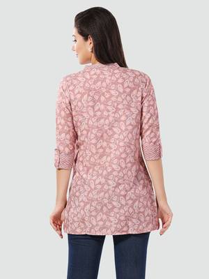 Peach printed rayon short-kurtis 3