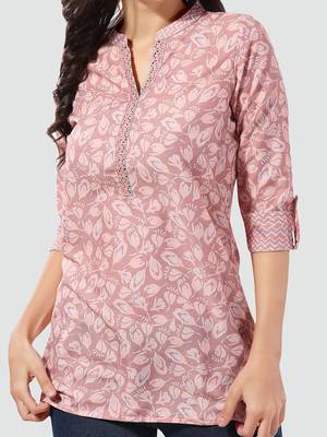Peach printed rayon short-kurtis 4