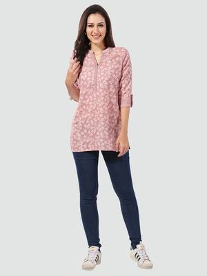 Peach printed rayon short-kurtis 5