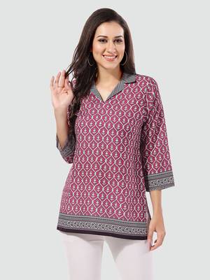 Pink printed cotton poly short-kurtis 1