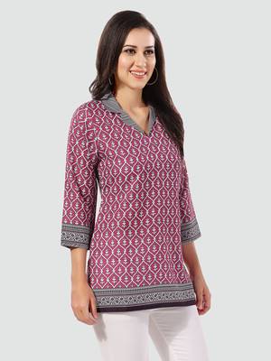 Pink printed cotton poly short-kurtis 2