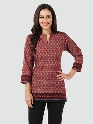 Brown printed cotton poly short-kurtis 1
