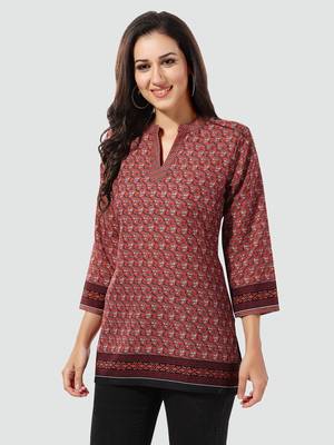 Brown printed cotton poly short-kurtis 2