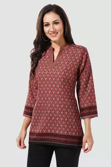 Brown printed cotton poly short-kurtis