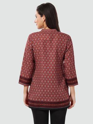 Brown printed cotton poly short-kurtis 3