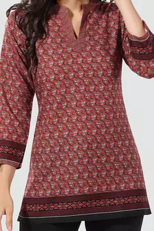Brown printed cotton poly short-kurtis