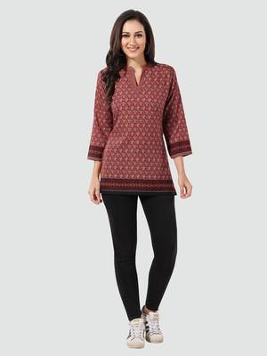 Brown printed cotton poly short-kurtis 5
