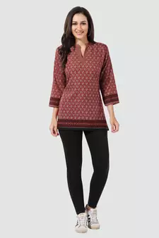 Brown printed cotton poly short-kurtis
