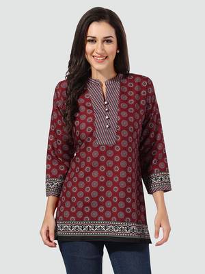 Maroon printed cotton poly short-kurtis 1