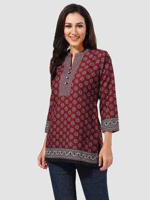 Maroon printed cotton poly short-kurtis 2