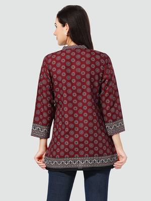 Maroon printed cotton poly short-kurtis 3