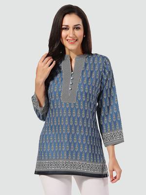 Blue printed cotton poly short-kurtis 1