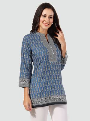 Blue printed cotton poly short-kurtis 2