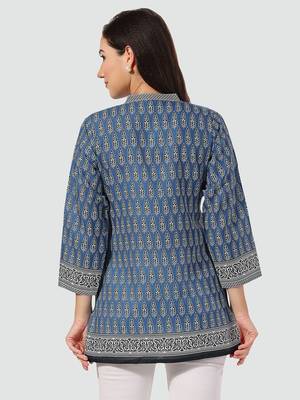 Blue printed cotton poly short-kurtis 3