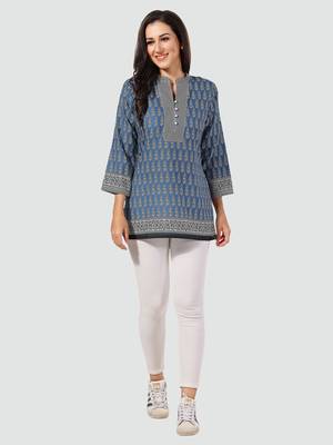 Blue printed cotton poly short-kurtis 5