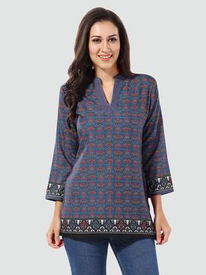 Blue printed cotton poly short-kurtis 1