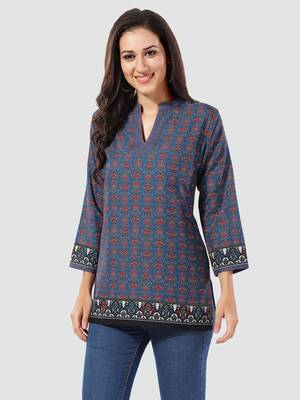 Blue printed cotton poly short-kurtis 2