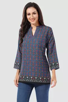 Blue printed cotton poly short-kurtis