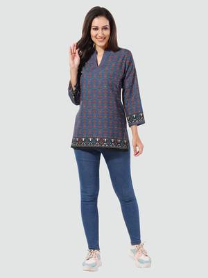 Blue printed cotton poly short-kurtis 5