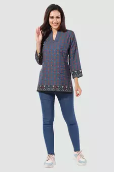 Blue printed cotton poly short-kurtis
