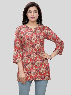 Red printed rayon short-kurtis 1