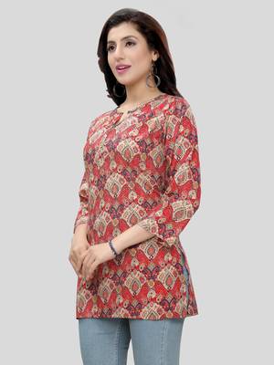 Red printed rayon short-kurtis 3