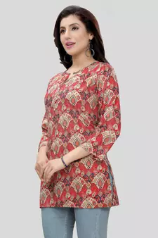 Red printed rayon short-kurtis