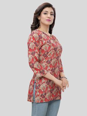 Red printed rayon short-kurtis 4