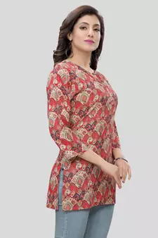 Red printed rayon short-kurtis
