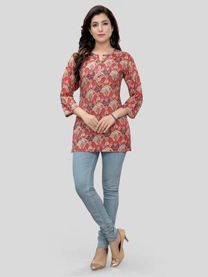 Red printed rayon short-kurtis 5