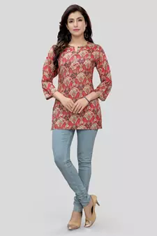 Red printed rayon short-kurtis