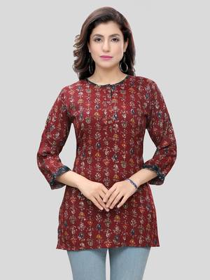 Maroon printed rayon short-kurtis 1