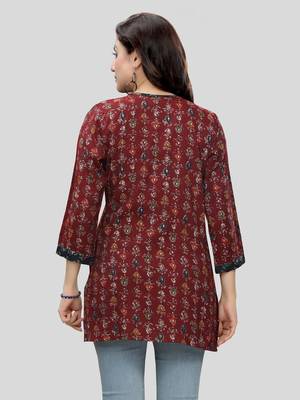 Maroon printed rayon short-kurtis 2