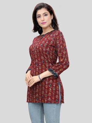 Maroon printed rayon short-kurtis 3