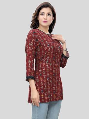 Maroon printed rayon short-kurtis 4