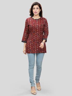 Maroon printed rayon short-kurtis 5
