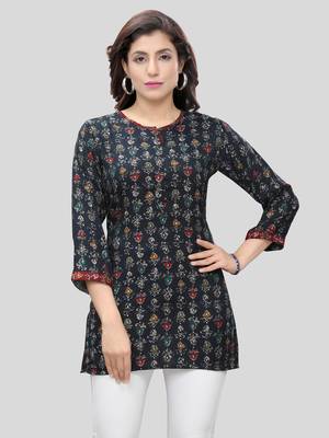 Navy-blue printed rayon short-kurtis 1