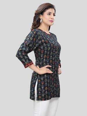 Navy-blue printed rayon short-kurtis 4