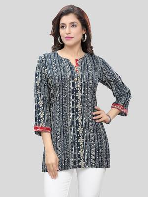 Navy-blue printed rayon short-kurtis 1