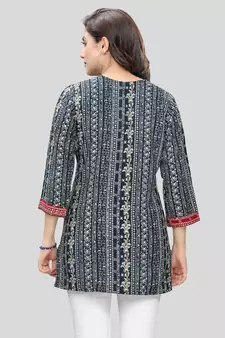 Navy-blue printed rayon short-kurtis