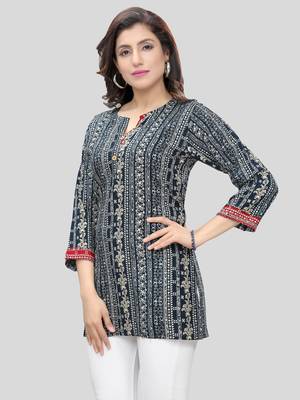 Navy-blue printed rayon short-kurtis 3
