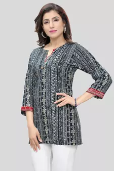 Navy-blue printed rayon short-kurtis