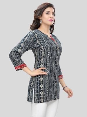 Navy-blue printed rayon short-kurtis 4