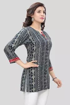 Navy-blue printed rayon short-kurtis