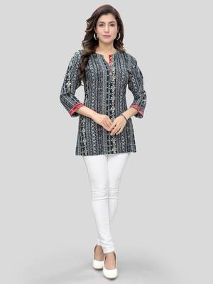 Navy-blue printed rayon short-kurtis 5